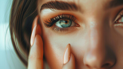 close-up of a woman with her hand on her face with clear eyes