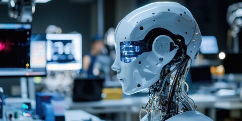 Leinwandbilder - A high-tech cybernetics workshop with robotic enhancements where scientists test advanced functionalities.