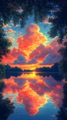 Wall Mural - Tranquil Sunset Over Still Water Reflection