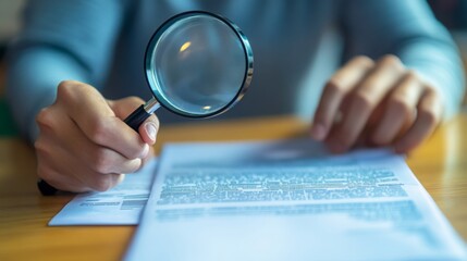 Poster - A person examining a document with a magnifying glass, highlighting attention to detail and careful analysis.