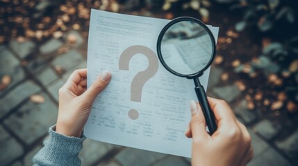 Poster - A person examines a document with a magnifying glass, highlighting a question mark, possibly investigating or seeking clarity on information.