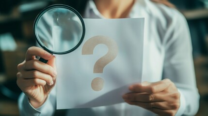 Poster - A person holds a magnifying glass over a paper with a large question mark, suggesting inquiry or investigation.