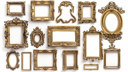 Assorted vintage gilded frames, each with unique details, isolated on a clean white background