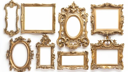 Assorted vintage gilded frames, each with unique details, isolated on a clean white background