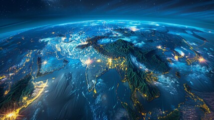 Wall Mural - Earth's surface with 3D clouds and bright night lights over Asia