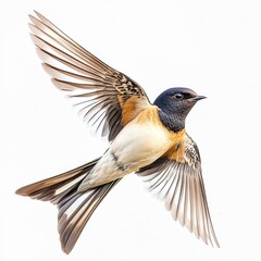 Swallow bird flying with outstretched wings on white background