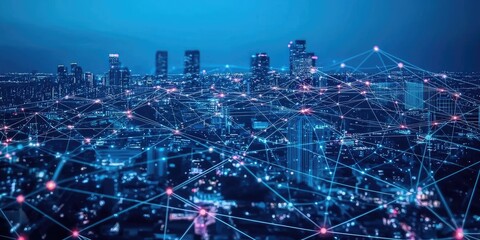 Wall Mural - a futuristic business network presents neon lines that link data points across a city skyline, repre