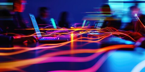 Wall Mural - A blurred image captures a business meeting where neon lines connect various tech devices, representing digital communication.