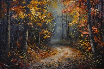 Autumn foliage in a secluded forest path ,A serene painting depicting a dirt road winding through a lush, green forest, inviting exploration and tranquility.