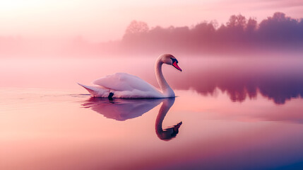 Poster - Cygne nageant sur le lac a l'aube