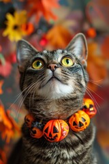 Wall Mural - beautiful cat on the background of pumpkin halloween Generative AI