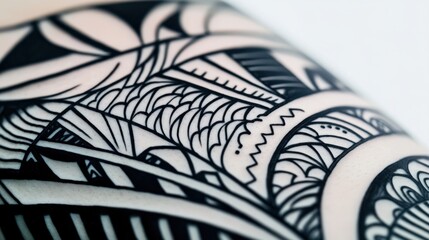 Intricate black line tattoo of a geometric pattern on a smooth white background, highly detailed.