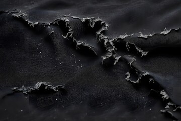 Heavily distressed black denim fabric with visible rips and raw edges, AI Generated