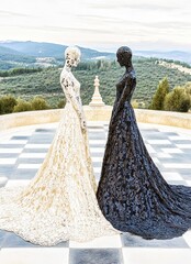 Two models wearing haute couture lace gowns posing on balcony