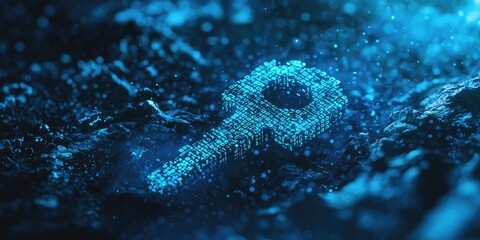 Fototapete - A digital encryption key floats in cyberspace, with a binary code background emphasizing cyber protection in blue tones.