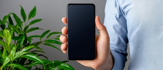 person holding smartphone, blank screen, indoor setting, leafy plant backdrop, casual blue shirt att