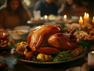 Family praying before dinner is sitting at Decorated table roasted turkey or chiken in sauce with rosemary. Holiday celebration dinner Christmas or Thanksgiving.