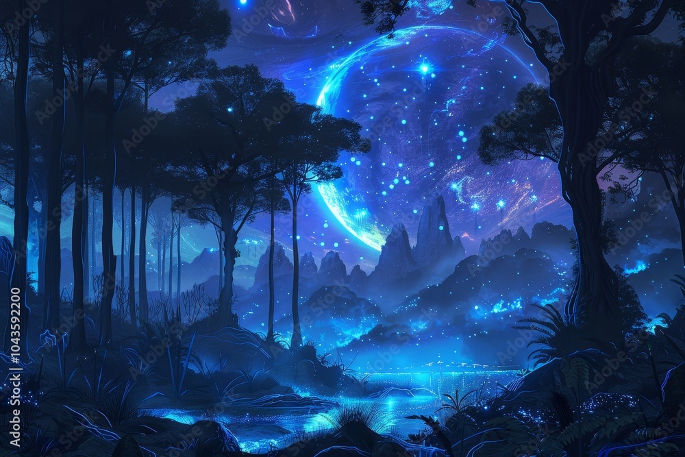 Bioluminescent forest on a distant alien planet,A serene forest under a ...