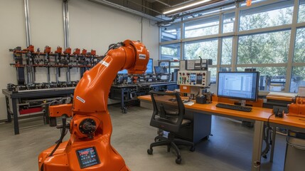 Canvas Print - A modern industrial workspace featuring a robotic arm and a computer station.