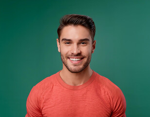 Studio Portrait of Handsome Young Man Happily Smiling Against Green Background