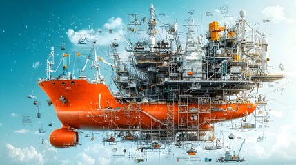 Leinwandbilder - Detailed cross section showcasing the inner workings and various stages of a bustling shipyard from the dry docks and welding stations to the ship assembly lines and manufacturing processes