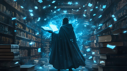 elven mage harnessing ethereal blue magic in a mystical library with floating books. arcane library.