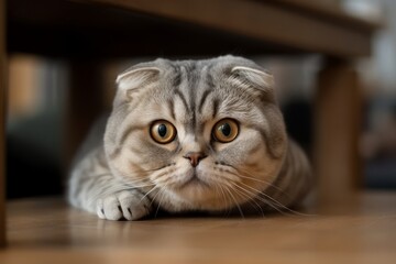 Cute Scottish Fold cat peeking curiously from beneath a wooden table