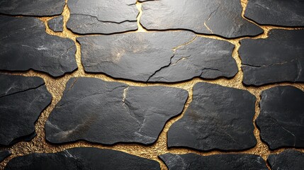 close-up of a black slate stone floor with gold grout.