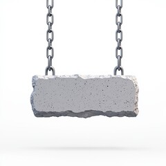 Concrete block hanging by chains against a white background.