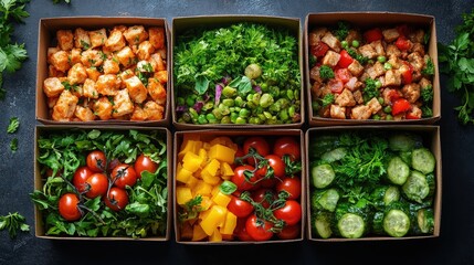 A vibrant assortment of healthy ingredients in six boxes, featuring greens, tomatoes, mangoes, and grilled chicken in a dark setting.