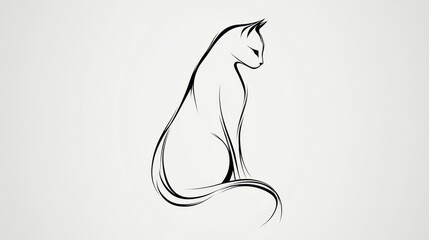 Wall Mural - minimalist black line tattoo of a cat's silhouette, detailed and sleek on a white background.