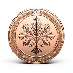 Decorative coin design featuring a detailed floral pattern on a copper surface, isolated on a white background.