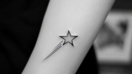 Wall Mural - minimalist black line tattoo of a shooting star, sleek and sharp on a smooth white surface.