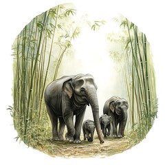 Poster - Watercolor Illustration of Elephant Family Walking Through Bamboo Forest.