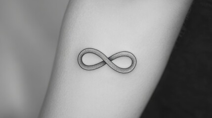 Wall Mural - minimalist black line tattoo of an infinity symbol, sleek and detailed on a bright white background.