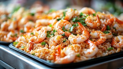 Close-up of a plate of shrimp fried rice.