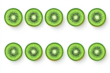 Fresh kiwi slices arranged in neat rows on a white background