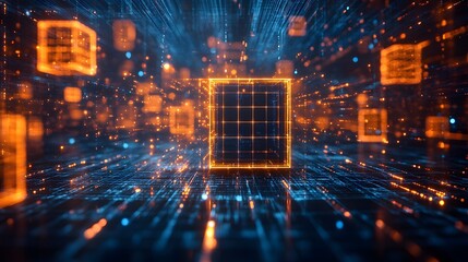 Abstract Digital Network Data Cube with Glowing Lines and Particles