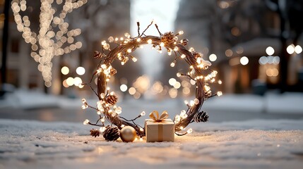 A wreath made entirely of glowing lights with Merry Christmas in cursive in the center, casting a warm glow over a snowy scene