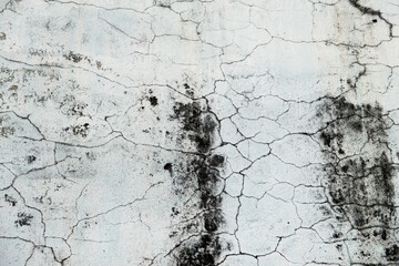 Wall Mural - A wall with cracks and holes in it. The wall is white and has a black and white texture