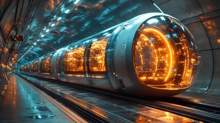Aufkleber - A transport pod with vibrant orange lighting is stationed in a contemporary underground station, showcasing advanced technology and sleek design elements.