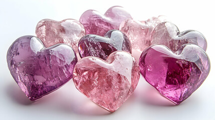 Floating Crystal Hearts in Shades of Pink on a Clean White Background