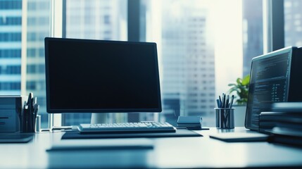 Wall Mural - A modern office workspace with a computer, plants, and organized supplies.