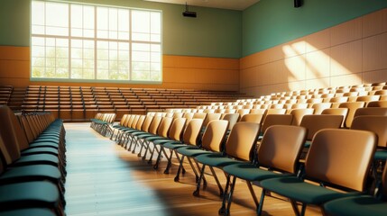 Poster - A spacious auditorium with rows of empty chairs and natural light streaming through windows.