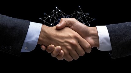 two hands shaking, representing partnership and agreement, with a digital network background.