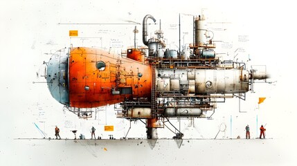 Poster - Detailed cross section view of an oil refinery complex showcasing the intricate network of pipes tanks