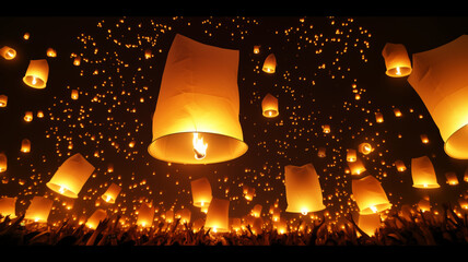 Glowing lanterns released into night sky create magical atmosphere