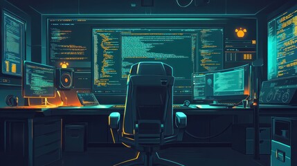 Poster - A futuristic workspace with multiple screens displaying code and data.