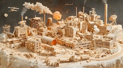 Poster - Detailed Cut through View of a Paper Mill Facility Highlighting the Intricate Wood Pulp Production Workflow Drying Machines and Final Packaging Units