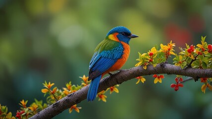 A vibrantly colored bird with blue, green, and orange plumage perches on a branch with small red berries.